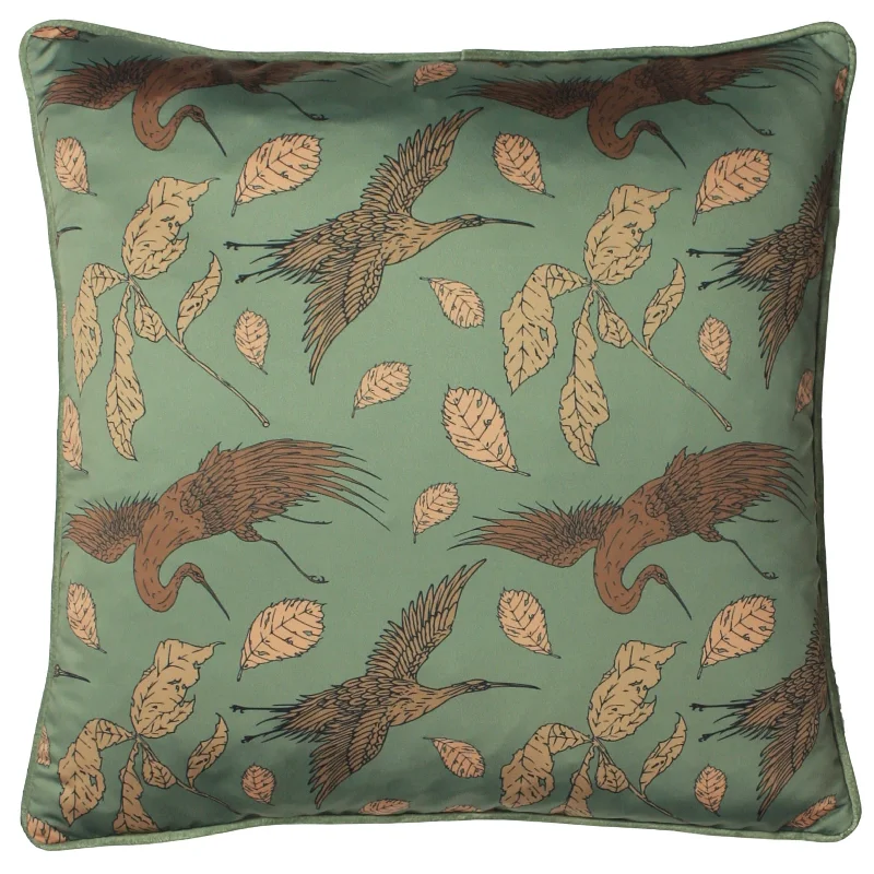 New Markdowns Satin Crane Cushion | Green | 45x45cm