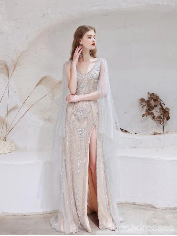 Early Access Champagne Sheath V-neck High Slit Long Prom Dresses Online,12757