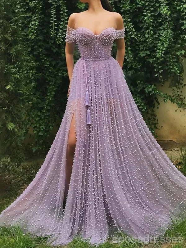 Online Only Purple A-line Spaghetti Straps Off Shoulder High Slit Long Prom Dresses Online,12790
