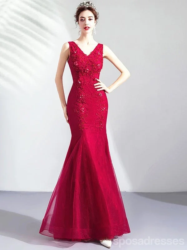 Low Prices Sexy Red Mermaid V-neck Lace Applique Long Prom Dresses Online,12754