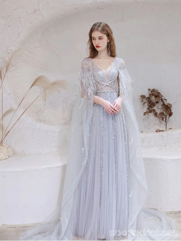 Deep Discounts Elegant Blue A-line V-neck Long Prom Dresses Online, Evening Party Dresses,12758