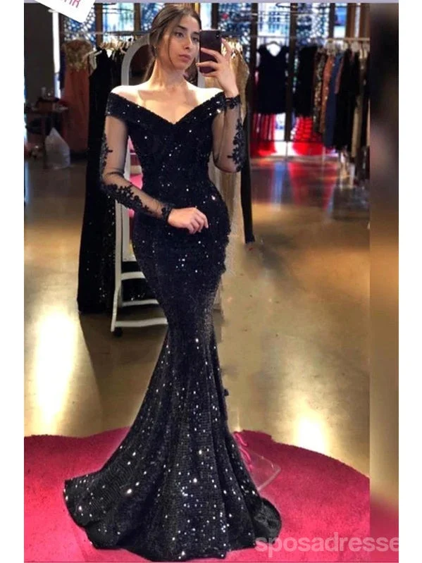 Price Cut Black Mermaid Long Sleeves Off Shoulder Cheap Prom Dresses Online,12874