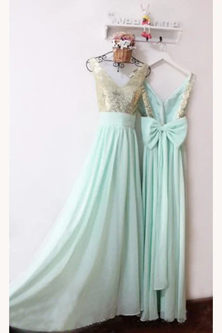 Super Deal Tiffany Blue V-Neck Backless Bridesmaid Dresses Sparkly Prom Dresses with Bowknot N1127