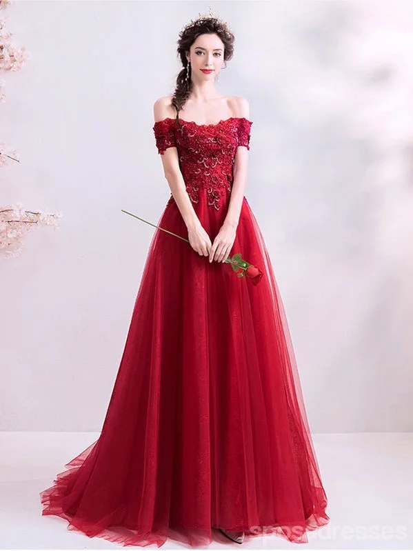 New Markdowns Burgundy A-line Off Shoulder Long Prom Dresses Online, Dance Dresses,12751