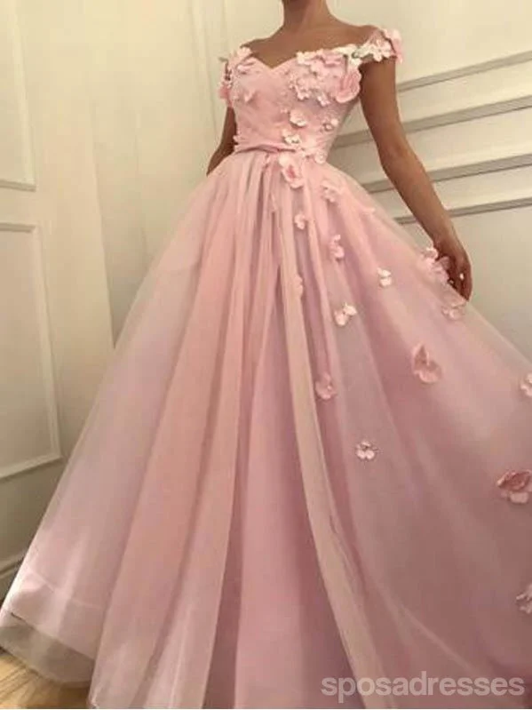 Instant Discount Cute Floral Pink A-line Off Shoulder Cheap Long Prom Dresses Online,12683