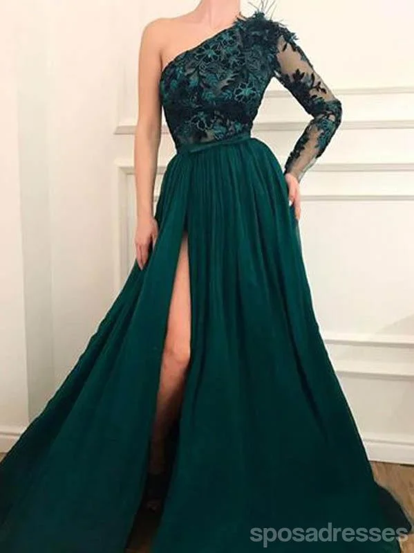 Price Drop Emerald Green A-line Long Sleeves One Shoulder High Slit Prom Dresses Online,12729