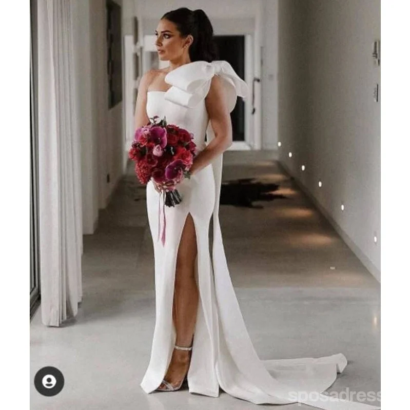 Lowest Prices Simple White Mermaid One Shoulder High Slit Cheap Bridesmaid Dresses Online,WG1267