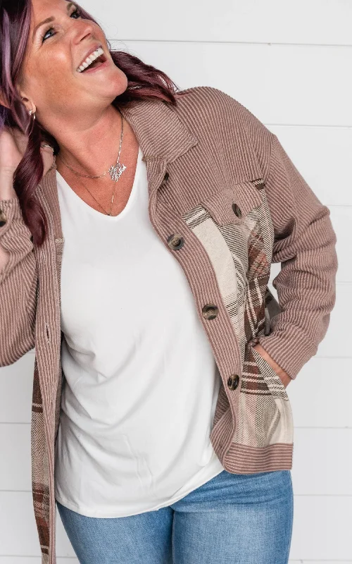 Stock Up and Save Ribbed Fabric Button Down Jacket - Mocha - Final Sale
