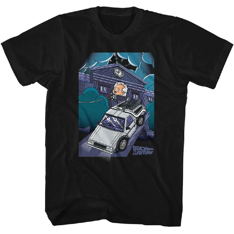 Big Savings Back to the Future Doc and Clock Tower Cartoon Black T-shirt