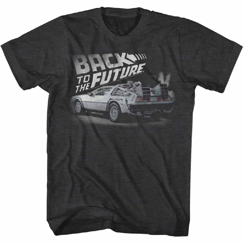 Shop and Save Back to the Future Vintage Movie Logo Black Heather Tall T-shirt