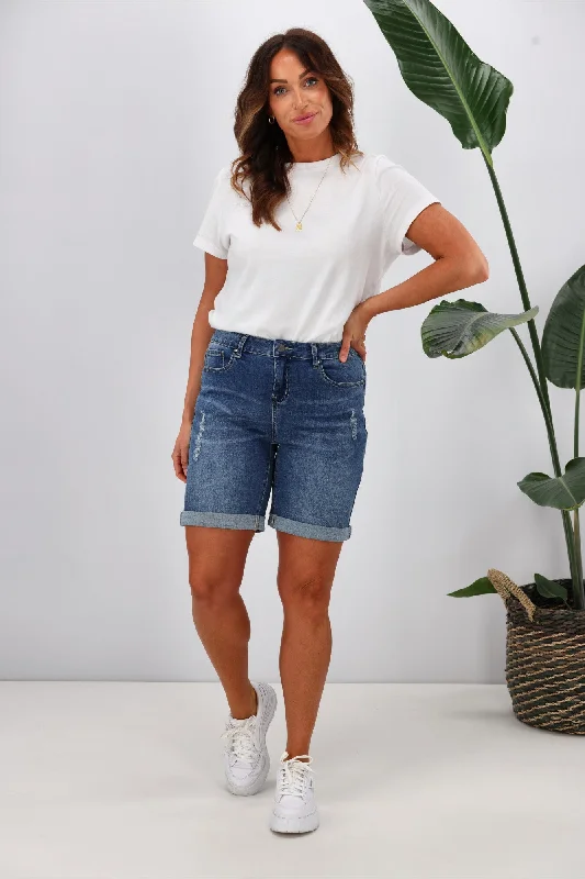 Act Now Shine On Label Boyfriend Shorts Indigo Blue